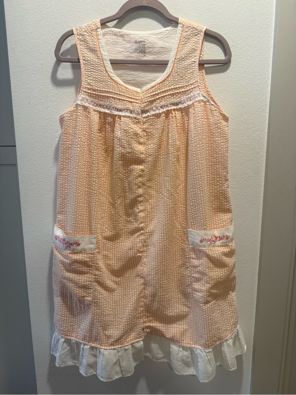 Secret Treasures Peach Seersucker House Dress Nightgown Cottagecore